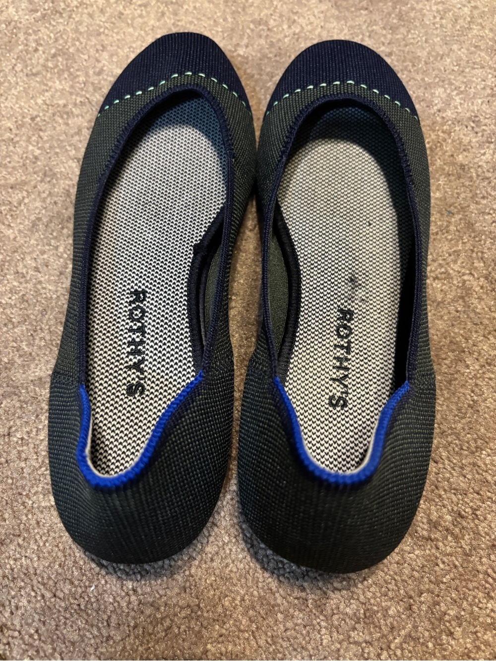 Rothy's Black Flats with Blue Trim and Green Stitching